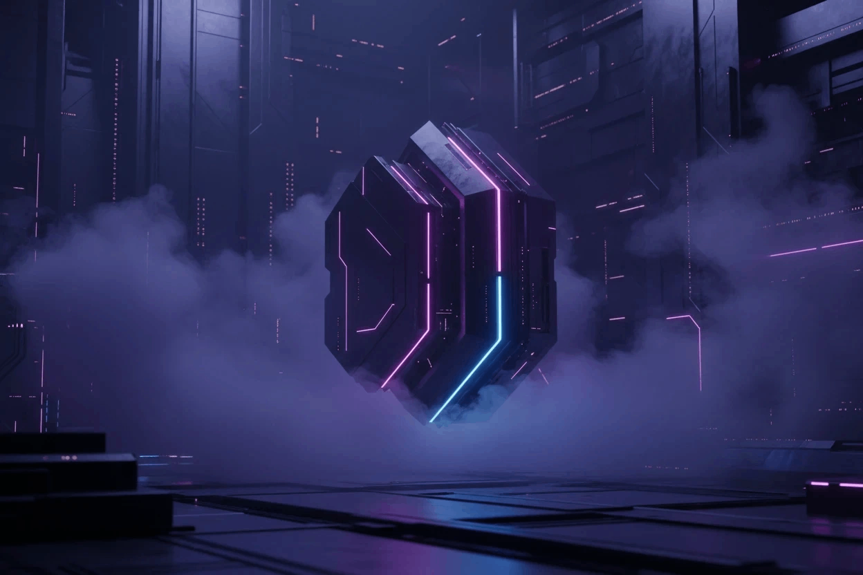 Абстрактная 3D-визуализация защищённого соединения: фиолетовый кристалл-портал в кибер-пространстве